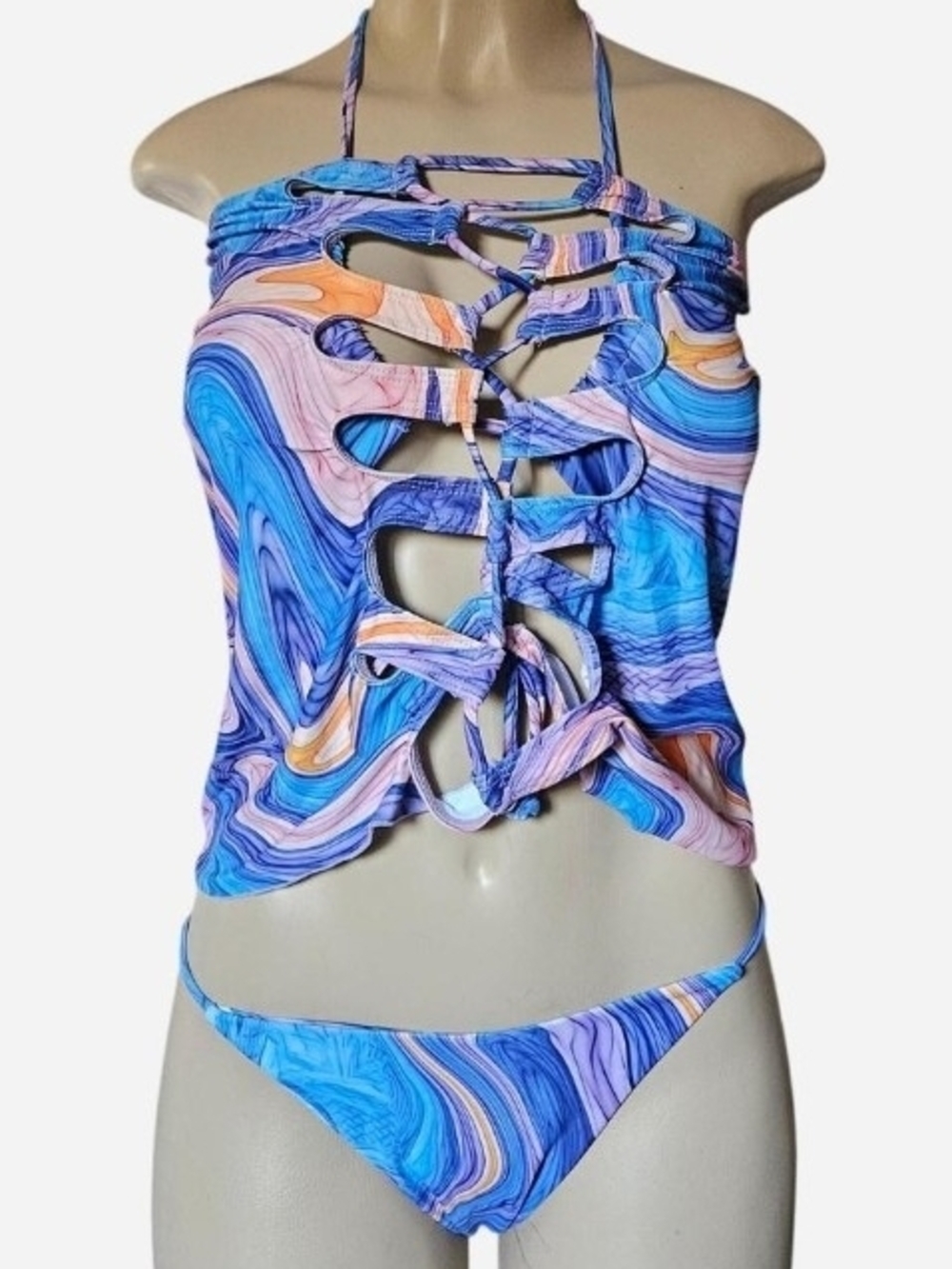 Marbled Cut-Out Three-Piece Swim Set in Blue & Pink